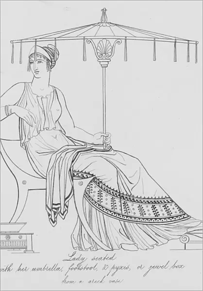 Lady seated with her umbrella, footstool, and pyxis, or jewel box, from a Greek vase (engraving)