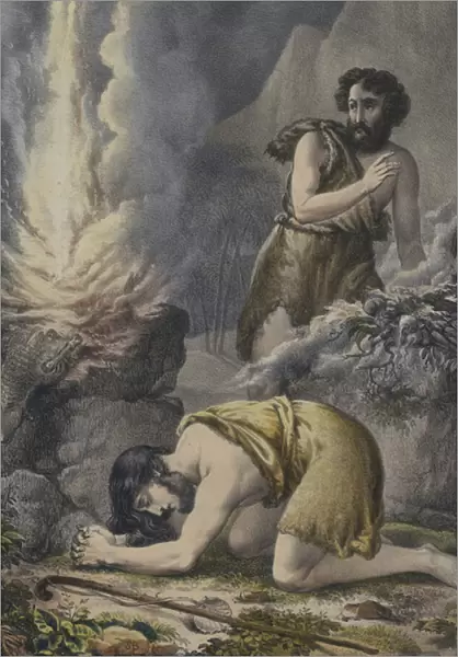 The sacrifice of Cain and Abel (coloured engraving)