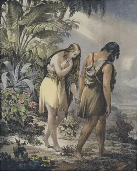 Adam and Eve driven out of paradise (coloured engraving)