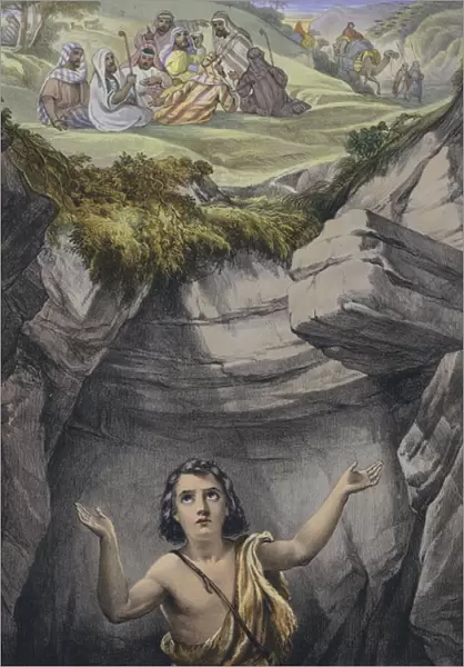 Joseph cast into the pit by his brethren (coloured engraving)