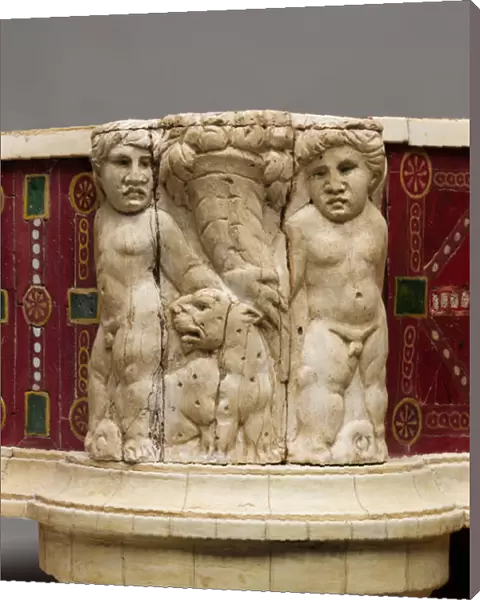 Footstool detail with bone carving of cupids, leopards and cornucopia, c