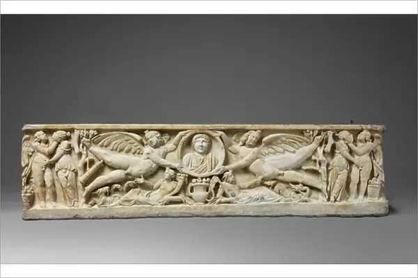 Marble sarcophagus with flying erotes holding a clipeus portrait, c. 190-200 AD (marble)