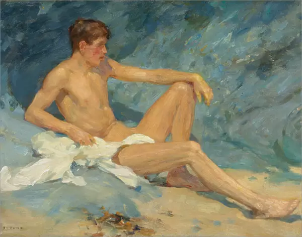 A male nude reclining on rocks (oil on canvas board)