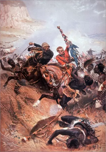 Saving the Queens Colour at the Battle of Isandlwana (colour litho)