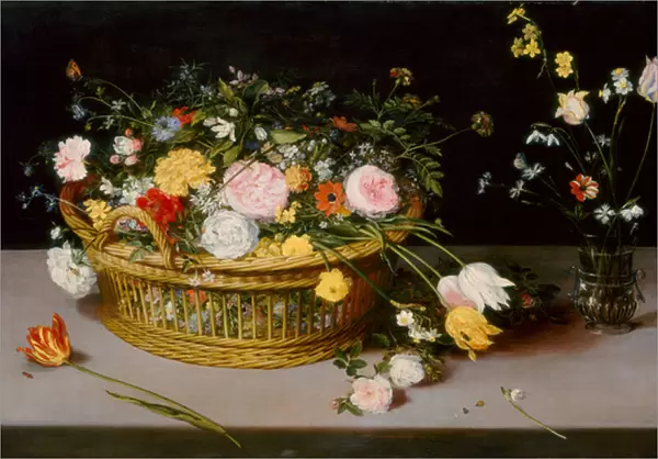 Flowers in a Basket and a Vase, 1615 (oil on panel)