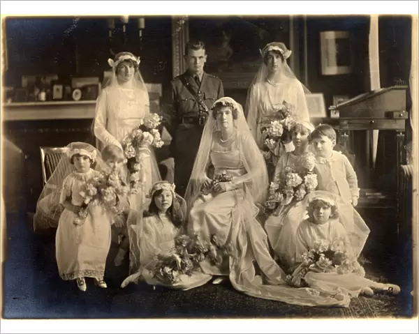 Group wedding portrait of Lady Blanche Cavendish and Colonel Ivan Murray Guards Chapel