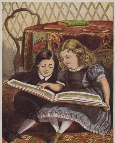 Boy and girl reading illustrated book (colour litho)