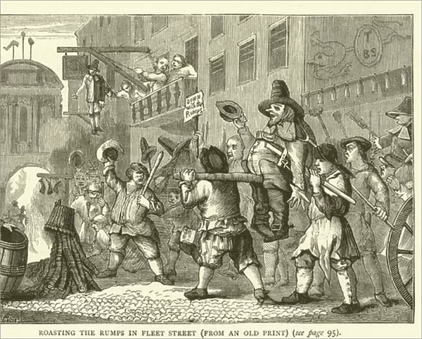 Roasting the rumps in Fleet Street, from an old print (engraving)