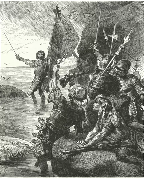 Vasco Nunez de Balboa claims the Pacific Ocean for Spain, 1513 (engraving)