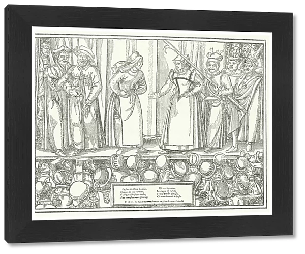 Scene from a play in a late medieval theatre (engraving)