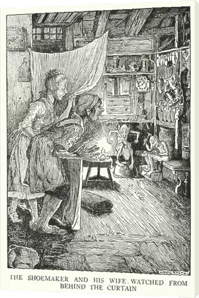 The shoemaker and his wife watched from behind the curtain (litho)