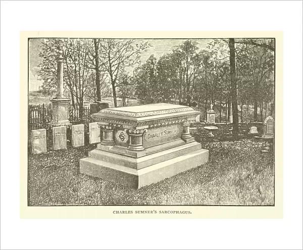 Charles Sumners sarcophagus, Mount Auburn Cemetery, Cambridge Massachusetts (engraving)
