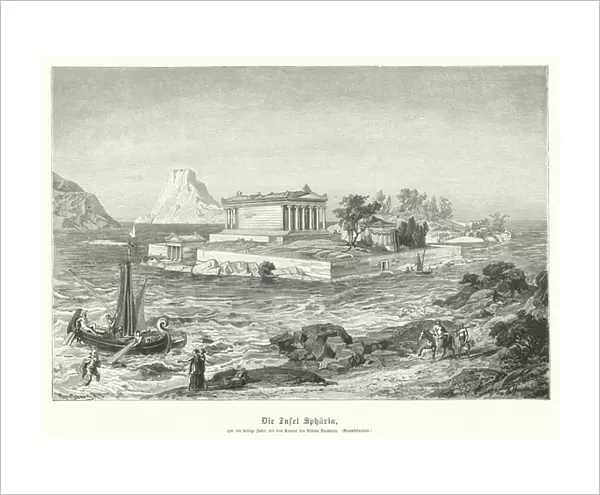 Ancient Greek temple of Athena Apaturia on the island of Sphairia (engraving)
