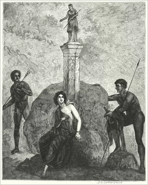 Io, guarded by Argus Panoptes by order of the goddess Hera, being watched by Hermes, sent by Zeus to abduct her, Roman wall painting (engraving)
