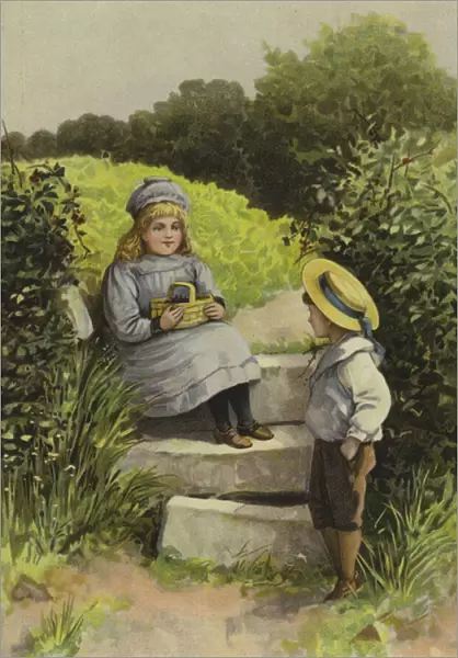 Children in the countryside with a basket of fruit (chromolitho)