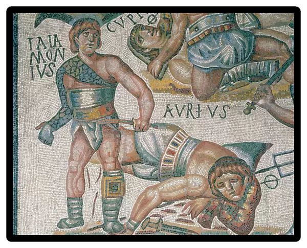 Mosaic showing a scene of fighting gladiators, detail, housed in the Borghese Gallery in Rome