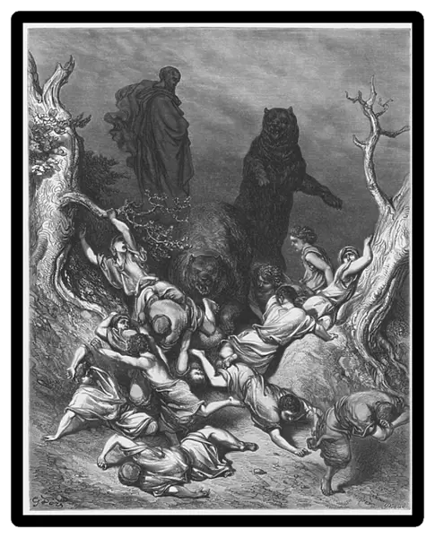 Gustave Dore Bible: The children destroyed by bears (engraving)