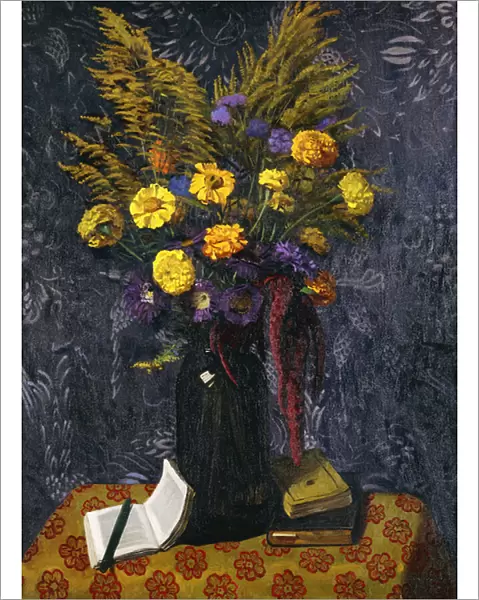 French Marigold, Purple Daisies and Golden Sheaves; Oeillets d Inde