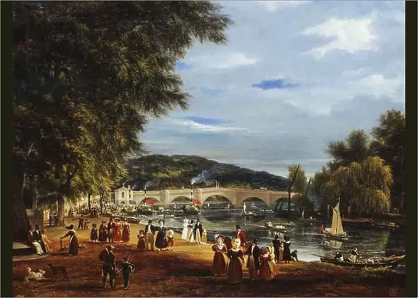 A View of Richmond Bridge with Boats on the River and Figures Promenading