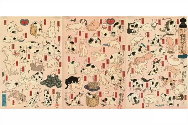 55 Cats representing the fifty-three stations of the Tokaido (colur woodcut)