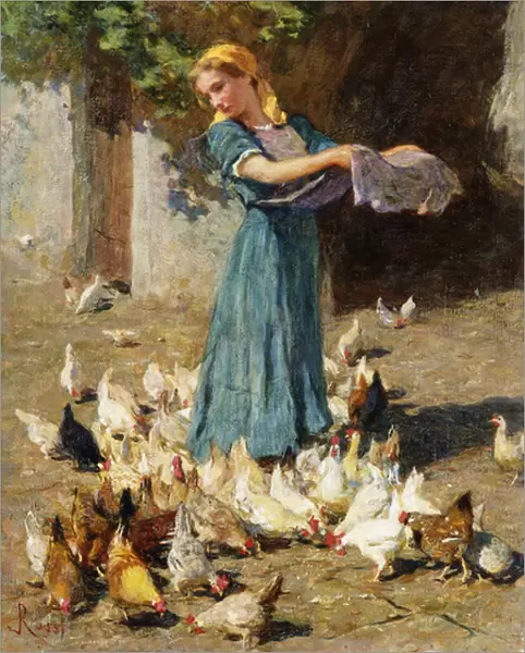 Feeding the Chickens, (oil on panel)