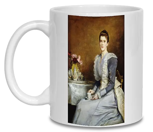 Portrait of Mrs. Joseph Chamberlain, seated three-quarter length at a tea-table
