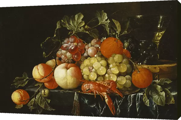 Peaches, Oranges, Grapes and Langoustines on a Pewter Plate