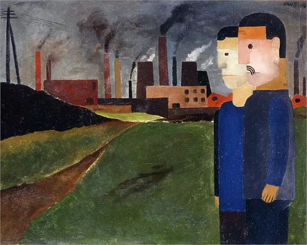 Industrial Landscape and Workers; Industrielandschaft mit Arbeitern, 1927 (oil on board)