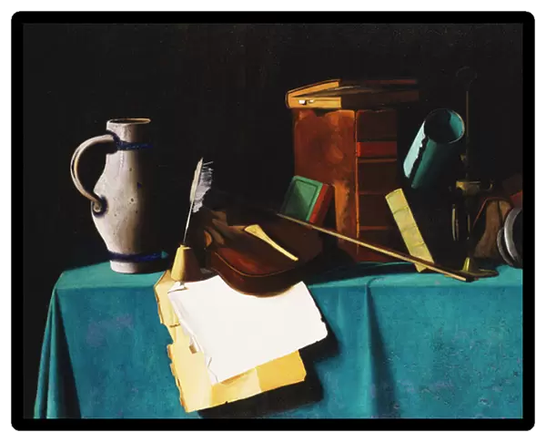 Tabletop with Violin, (oil on canvas)