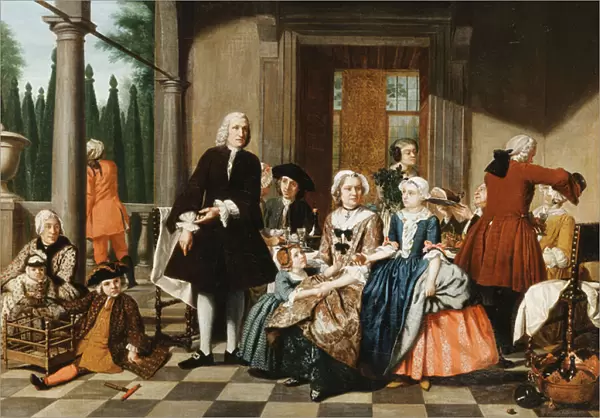 Portrait of a Family dining on a Portico, a formal Garden beyond, 1747 (oil on canvas)