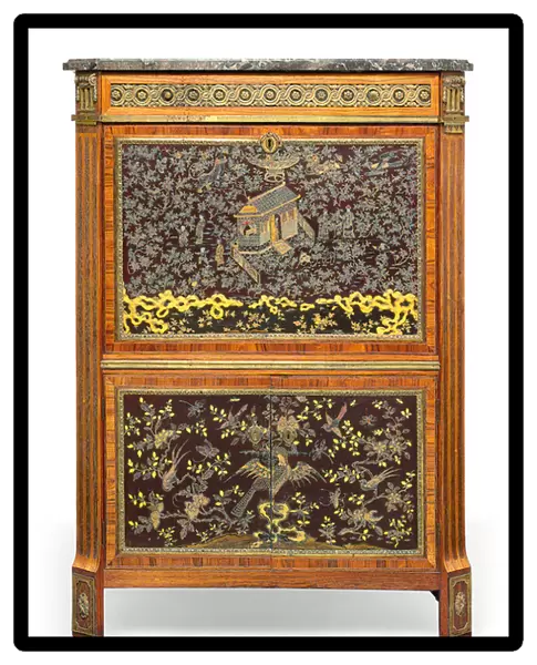 Louis XVI Secretaire a Abbatant, late 18th century (marble, leather, ormolu-mounted kingwood, tulipwood, amaranth, mother-of-pearl inlaid Chinese lacquer & Japanning) (see also 3479849)