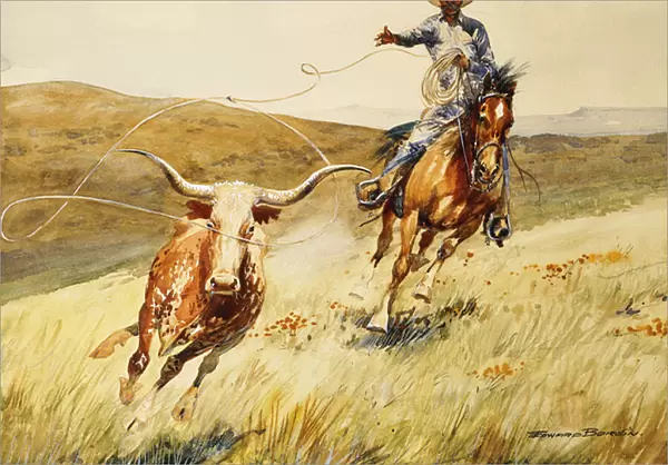 Roping A Steer, (watercolour and gouache on paper)