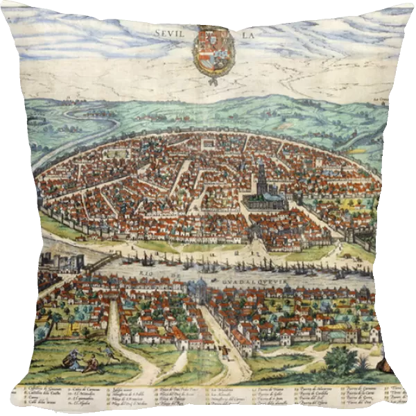 Plan and view of Seville, 1579-1590 (hand-coloured engraving)