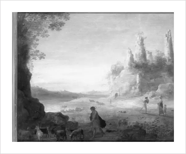 Italianate landscape with Diana and Callisto with a goatherd near a ruined castle