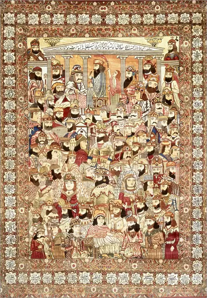 An antique Kirman Masha ir carpet, depicting the massed ranks of Persian kings