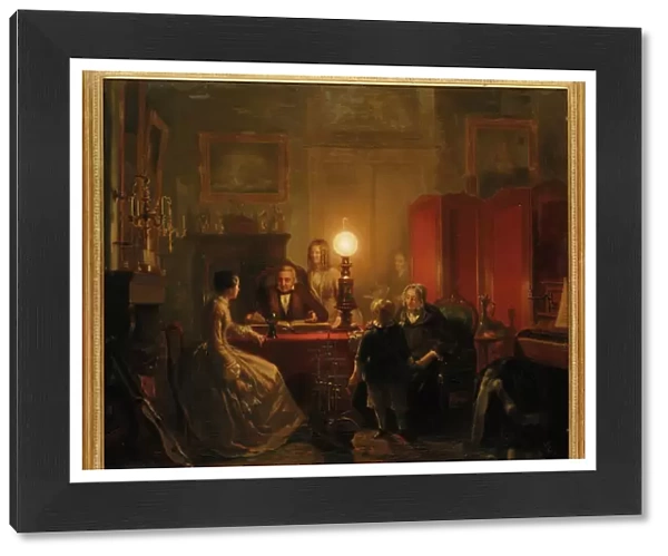 A family gathered around a lamplit table, 1854 (oil on canvas)