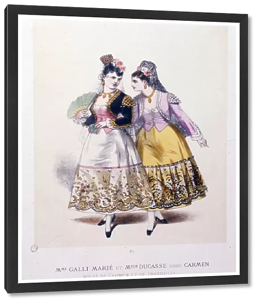 Costumes of Marie Galli (Carmen) and miss Ducasse (Frasquita) acting in 'Carmen'