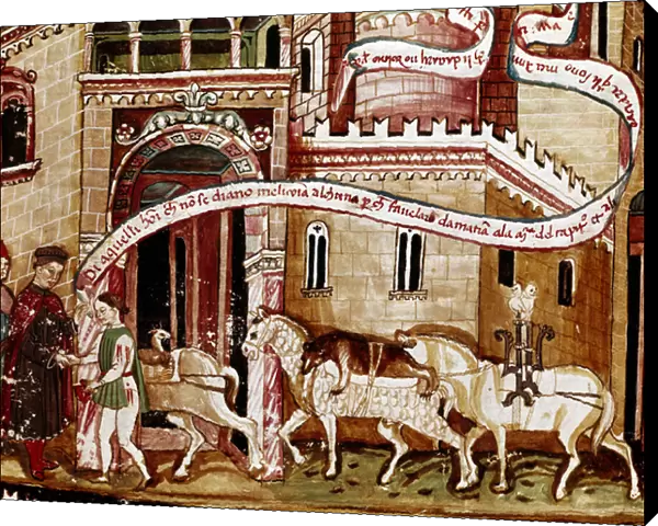 Payment of the salt tax (gabelle) at the entrance of the town, 15th century (miniature)