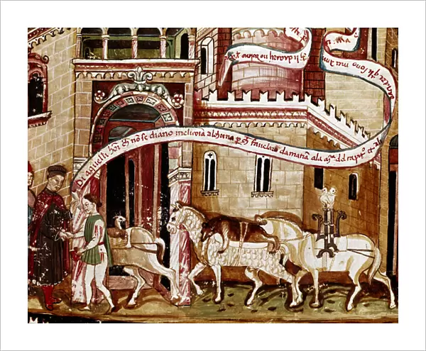 Payment of the salt tax (gabelle) at the entrance of the town, 15th century (miniature)