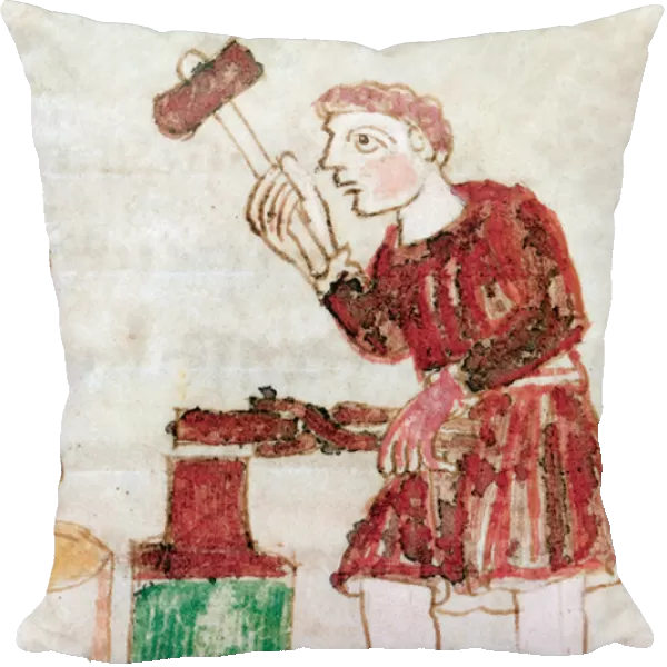 The blacksmith beating iron on a Miniature anvil from the manuscript '