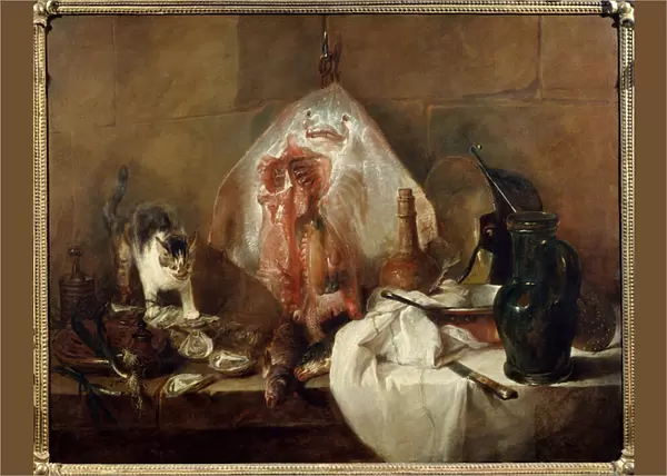The still life skate of fish, oysters, jug. Painting by Jean Baptiste Simeon Chardin