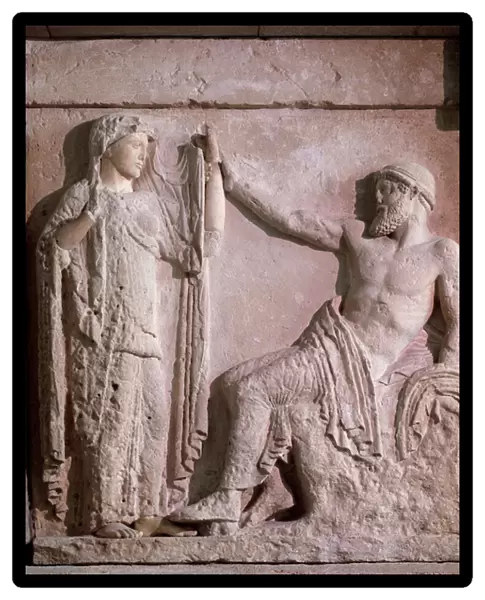 Magna graecia: metope with Zeus and Hera, stone relief, 5th century BC