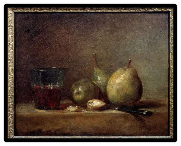 Pears, nuts and glass of wine. Still life. Painting by Jean Baptiste Simeon Chardin