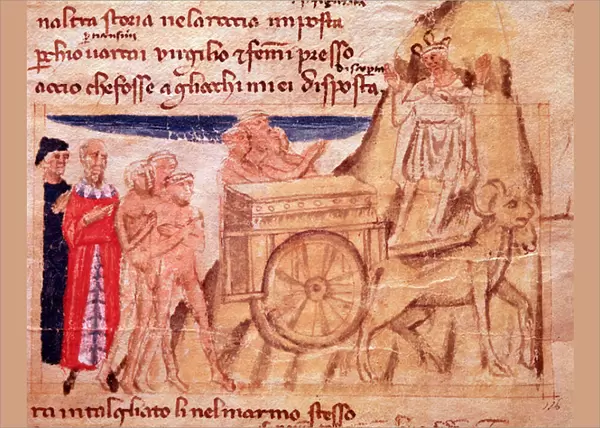 Dante and Virgil and the chariot and the oxen pulling the Ark (song X from Purgatory