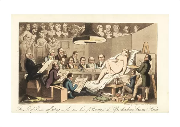Georgian artists including Benjamin West, Thomas Lawrence, Benjamin Haydon, Joseph Farrington, Richard Westall and Martin Archer Shee drawing a nude model, while classical busts look down