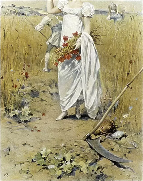Woman with wheat and poppies - late summer allegory, calendar illustrated by Hubert Dys