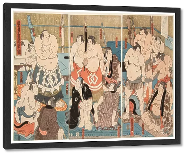 Combat des lutteurs sumo Shitaky Beya et Hidenoyama. Estampe de Utagawa Kunisada