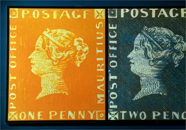 Red and blue Mauritius Post Office Stamps, 1847 (colour engraving)
