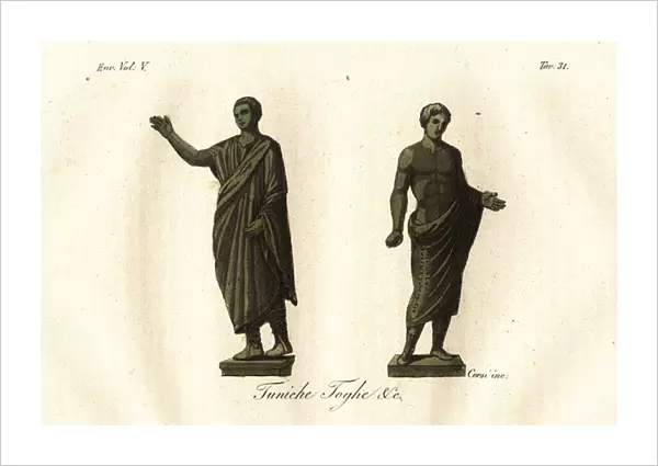 Ancient Etruscan statues showing men wearing the toga, tunic, calzari (shoes), etc
