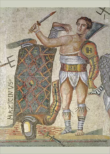 Battle between Gladiators, detail of a victorious gladiator, 320 AD (mosaic)